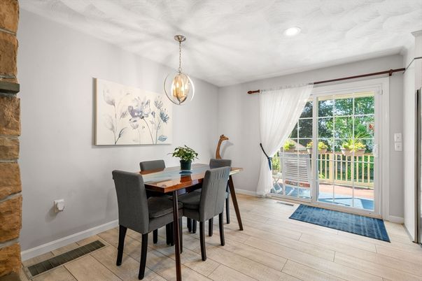 Dining room, Interior, Pendant Lights, Recessed Lighting, Wood Texture Flooring