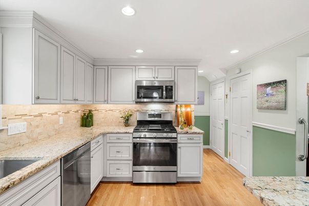 Interior, Kitchen, Recessed Lighting, Stainless Steel Appliances, Wood Texture Flooring