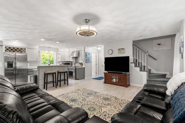 Home Theatre Room, Interior, Kitchen, Living room, Recessed Lighting, Stainless Steel Appliances, Wood Texture Flooring
