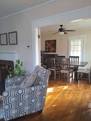 Dining room, Fireplace, Interior, Wood Texture Flooring