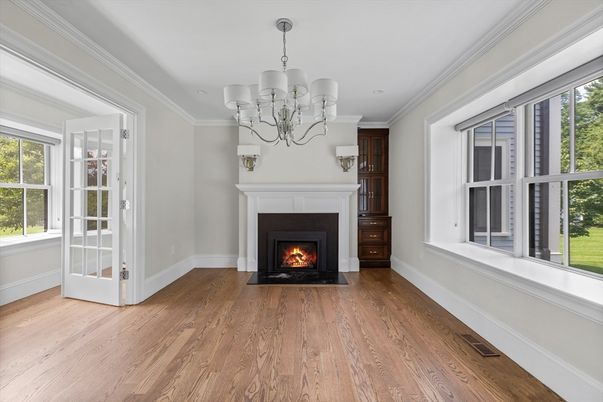 Chandelier, Empty room, Fireplace, Interior, Wood Texture Flooring