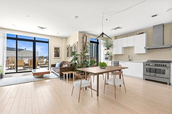 Dining room, Interior, Kitchen, Living room, Pendant Lights, Recessed Lighting, Stainless Steel Appliances, Wood Texture Flooring