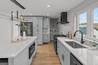 Interior, Kitchen, Pendant Lights, Recessed Lighting, Stainless Steel Appliances, Wood Texture Flooring