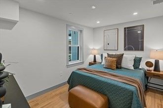 Bedroom, Interior, Recessed Lighting, Wood Texture Flooring