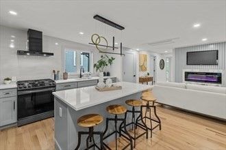 Chandelier, Fireplace, Interior, Kitchen, Living room, Pendant Lights, Recessed Lighting, Stainless Steel Appliances, Wood Texture Flooring