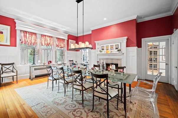 Dining room, Fireplace, Interior, Pendant Lights, Recessed Lighting, Wood Texture Flooring