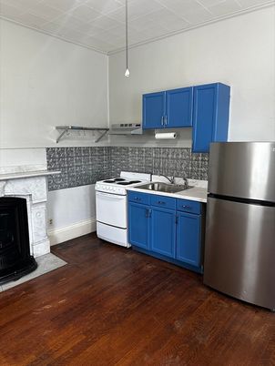 Fireplace, Interior, Kitchen, Pendant Lights, Wood Texture Flooring