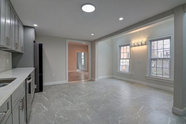 Empty room, Interior, Kitchen, Recessed Lighting, Wood Texture Flooring
