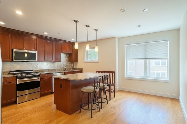 Interior, Kitchen, Pendant Lights, Recessed Lighting, Stainless Steel Appliances, Wood Texture Flooring