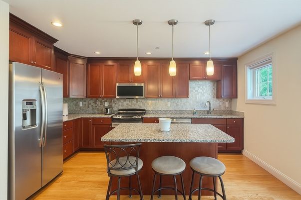 Interior, Kitchen, Pendant Lights, Recessed Lighting, Stainless Steel Appliances, Wood Texture Flooring