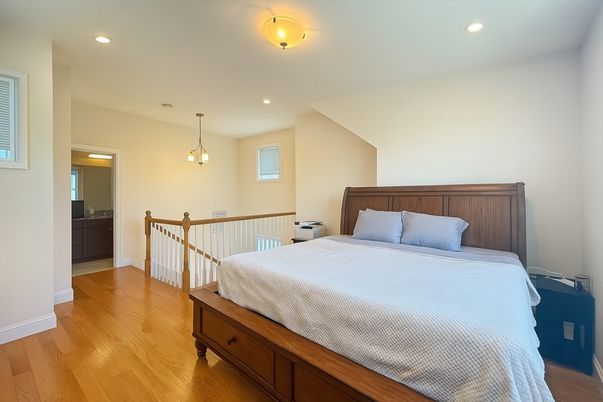 Bedroom, Interior, Pendant Lights, Recessed Lighting, Wood Texture Flooring