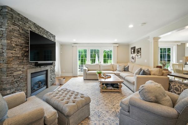 Fireplace, Interior, Living room, Recessed Lighting, Stone Walls