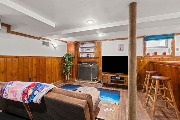 Fireplace, Interior, Living room, Recessed Lighting, Wood Texture Flooring