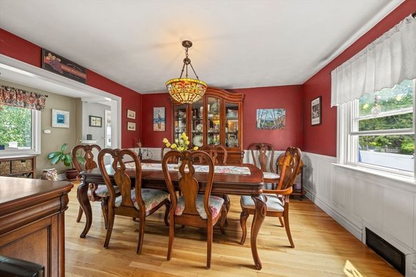 Dining room, Interior, Pendant Lights, Wood Texture Flooring