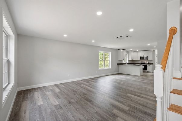 Empty room, Interior, Kitchen, Recessed Lighting, Wood Texture Flooring
