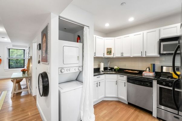 Interior, Kitchen, Recessed Lighting, Utility Closets, Washer, Wood Texture Flooring