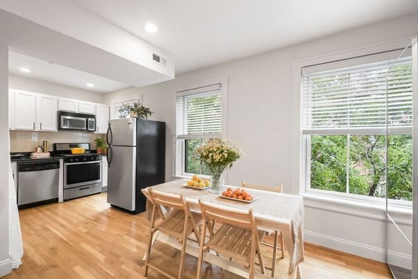 Dining room, Interior, Kitchen, Recessed Lighting, Stainless Steel Appliances, Wood Texture Flooring