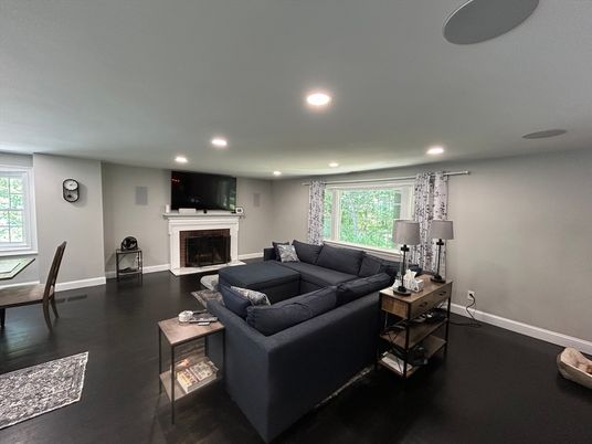 Fireplace, Interior, Living room, Recessed Lighting, Wood Texture Flooring