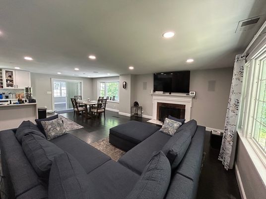 Dining room, Fireplace, Interior, Living room, Recessed Lighting, Wood Texture Flooring