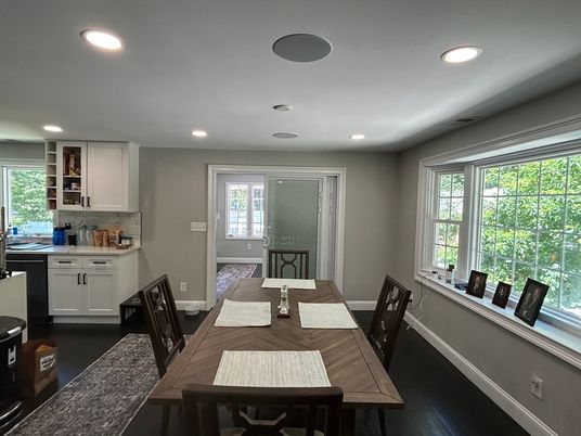 Dining room, Interior, Kitchen, Recessed Lighting, Wood Texture Flooring