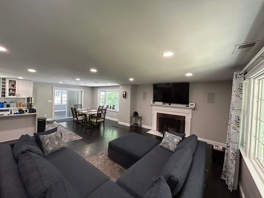 Dining room, Fireplace, Interior, Living room, Recessed Lighting, Wood Texture Flooring