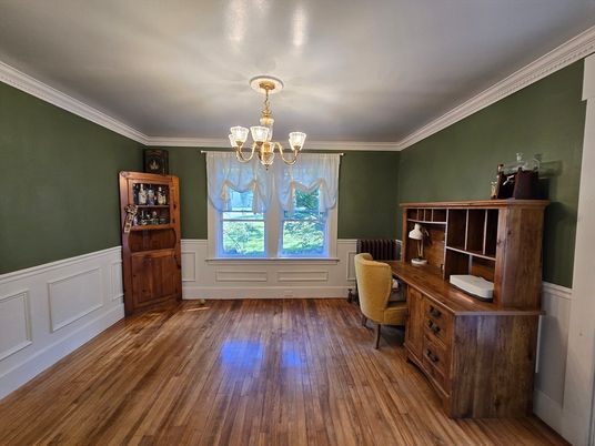Chandelier, Home Office, Interior, Wood Texture Flooring