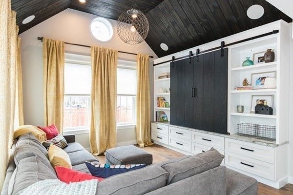 Interior, Living room, Pendant Lights, Recessed Lighting, Wooden Ceilings, Wood Texture Flooring