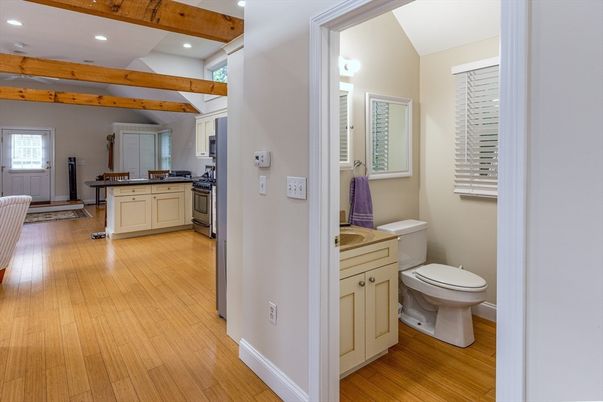 Bathroom, Interior, Recessed Lighting, Wooden Beams, Wood Texture Flooring