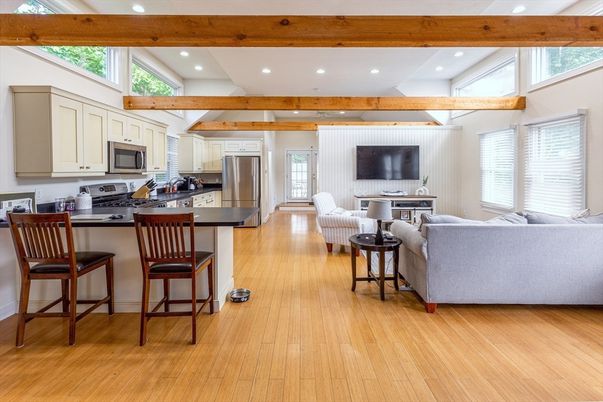 Interior, Kitchen, Living room, Recessed Lighting, Stainless Steel Appliances, Wooden Beams, Wood Texture Flooring