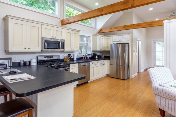 Interior, Kitchen, Recessed Lighting, Stainless Steel Appliances, Wooden Beams, Wood Texture Flooring