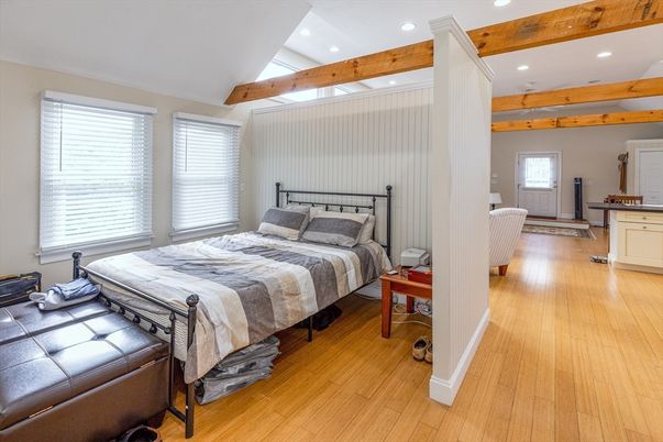 Bedroom, Interior, Recessed Lighting, Wooden Beams, Wood Texture Flooring