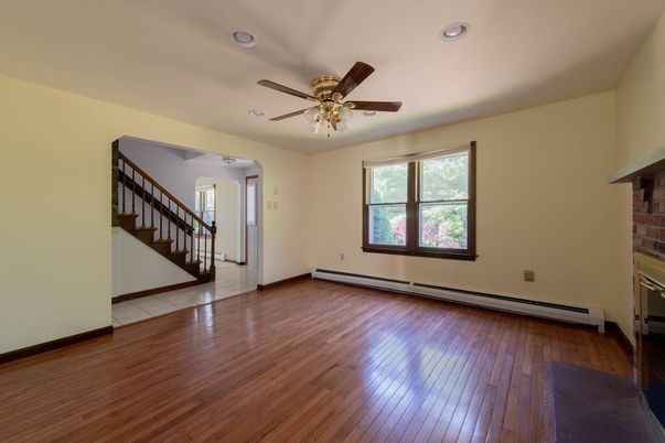 Empty room, Fireplace, Interior, Recessed Lighting, Wood Texture Flooring