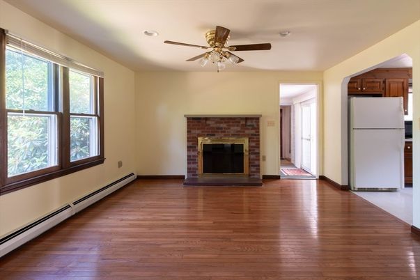 Empty room, Fireplace, Interior, Recessed Lighting, Wood Texture Flooring