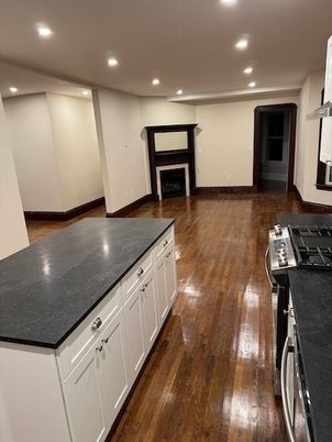 Fireplace, Interior, Kitchen, Recessed Lighting, Wood Texture Flooring