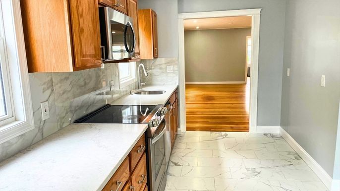 Interior, Kitchen, Marble, Recessed Lighting, Wood Texture Flooring