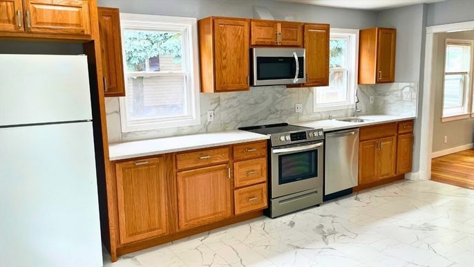 Interior, Kitchen, Marble, Marble Walls, Stainless Steel Appliances, Wood Texture Flooring