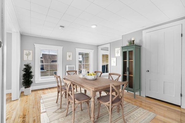 Dining room, Interior, Recessed Lighting, Wood Texture Flooring