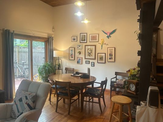 Dining room, Interior, Pendant Lights, Wood Texture Flooring