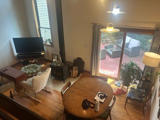 Dining room, Fireplace, Interior, Pendant Lights, Wood Texture Flooring