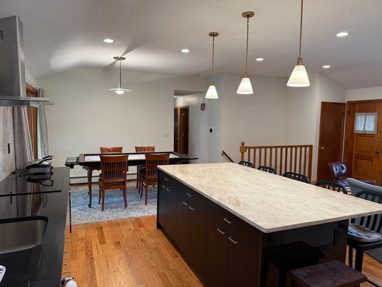Dining room, Interior, Kitchen, Pendant Lights, Recessed Lighting, Wood Texture Flooring