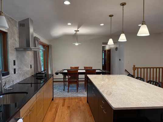 Dining room, Interior, Kitchen, Pendant Lights, Recessed Lighting, Wood Texture Flooring