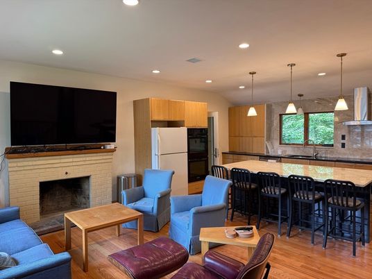 Fireplace, Interior, Kitchen, Living room, Pendant Lights, Recessed Lighting, Wood Texture Flooring