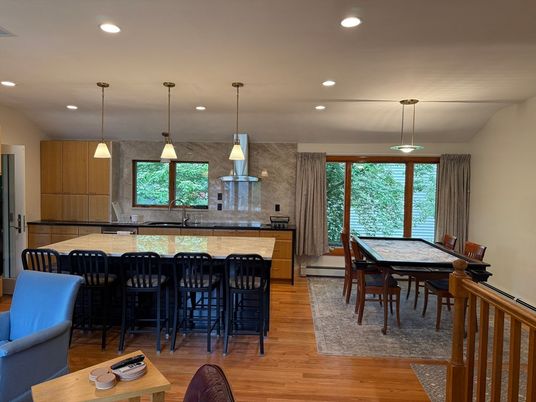Dining room, Interior, Pendant Lights, Recessed Lighting, Wood Texture Flooring