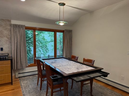 Dining room, Interior, Pendant Lights, Recessed Lighting, Wood Texture Flooring