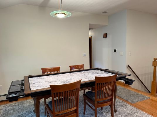Dining room, Interior, Pendant Lights, Wood Texture Flooring
