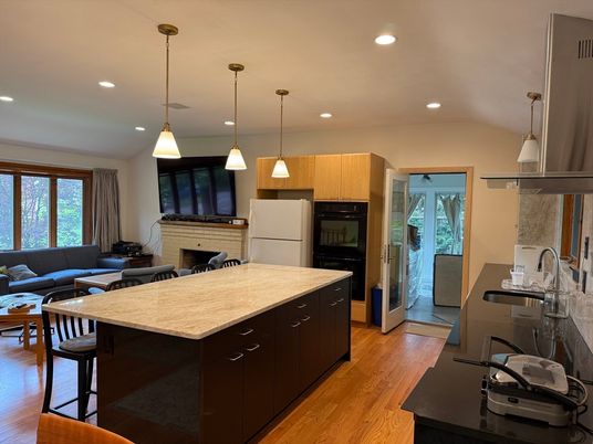 Fireplace, Interior, Kitchen, Living room, Pendant Lights, Recessed Lighting, Wood Texture Flooring