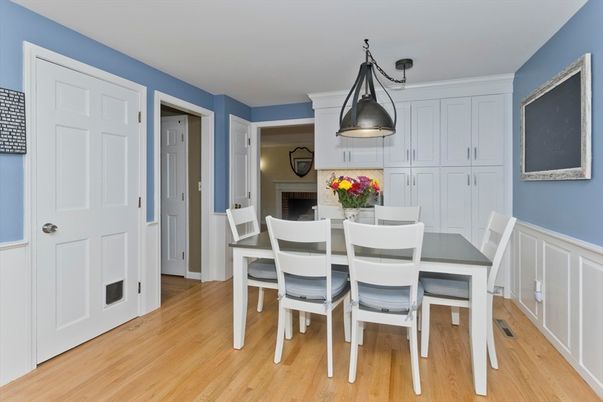 Dining room, Interior, Pendant Lights, Wood Texture Flooring