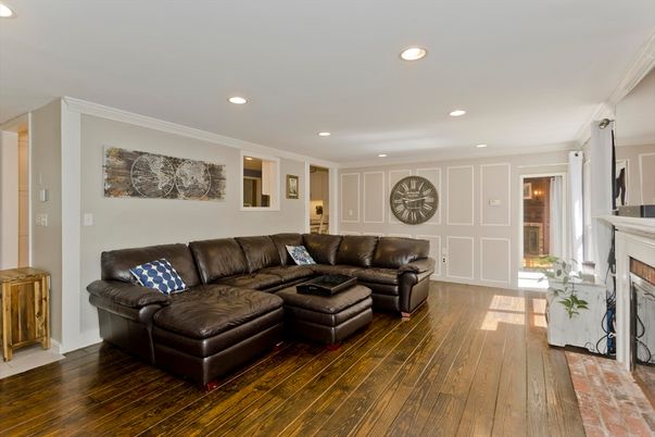 Fireplace, Interior, Living room, Recessed Lighting, Wood Texture Flooring