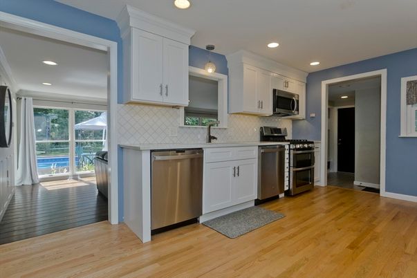 Interior, Kitchen, Recessed Lighting, Stainless Steel Appliances, Wood Texture Flooring