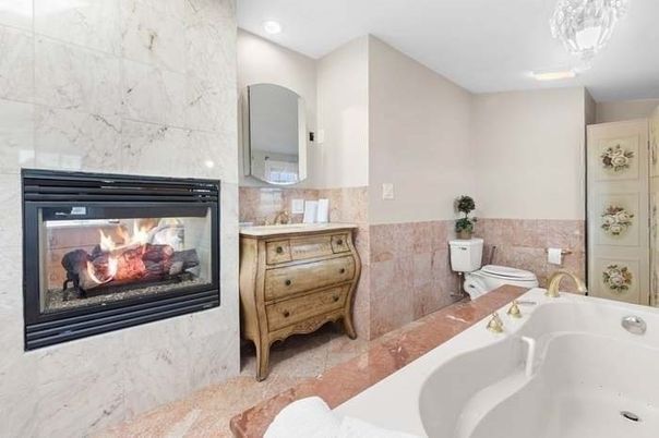 Bathroom, Fireplace, Interior, Marble Walls, Pendant Lights, Recessed Lighting